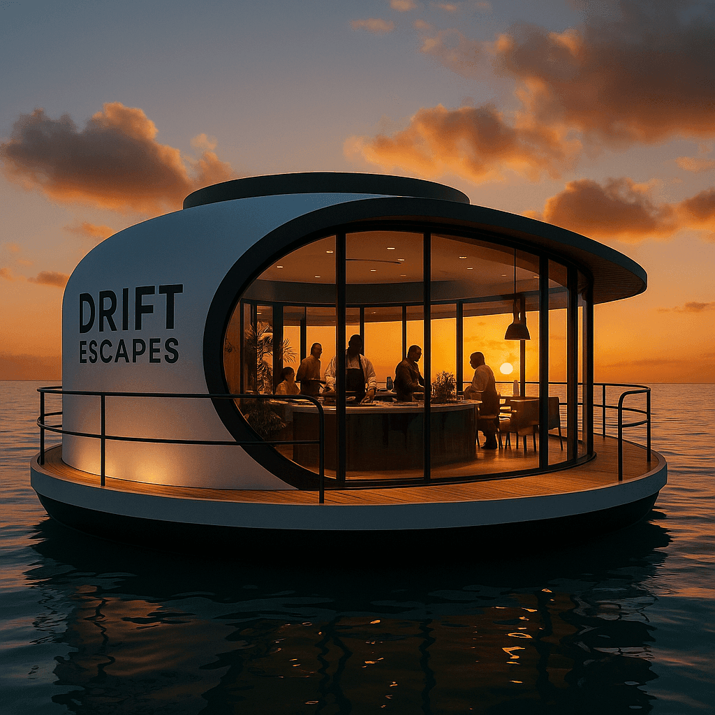 Drift Escapes floating innovation pod at sunset, featuring a meeting space surrounded by ocean views — representing global creativity, leadership, and immersive learning
